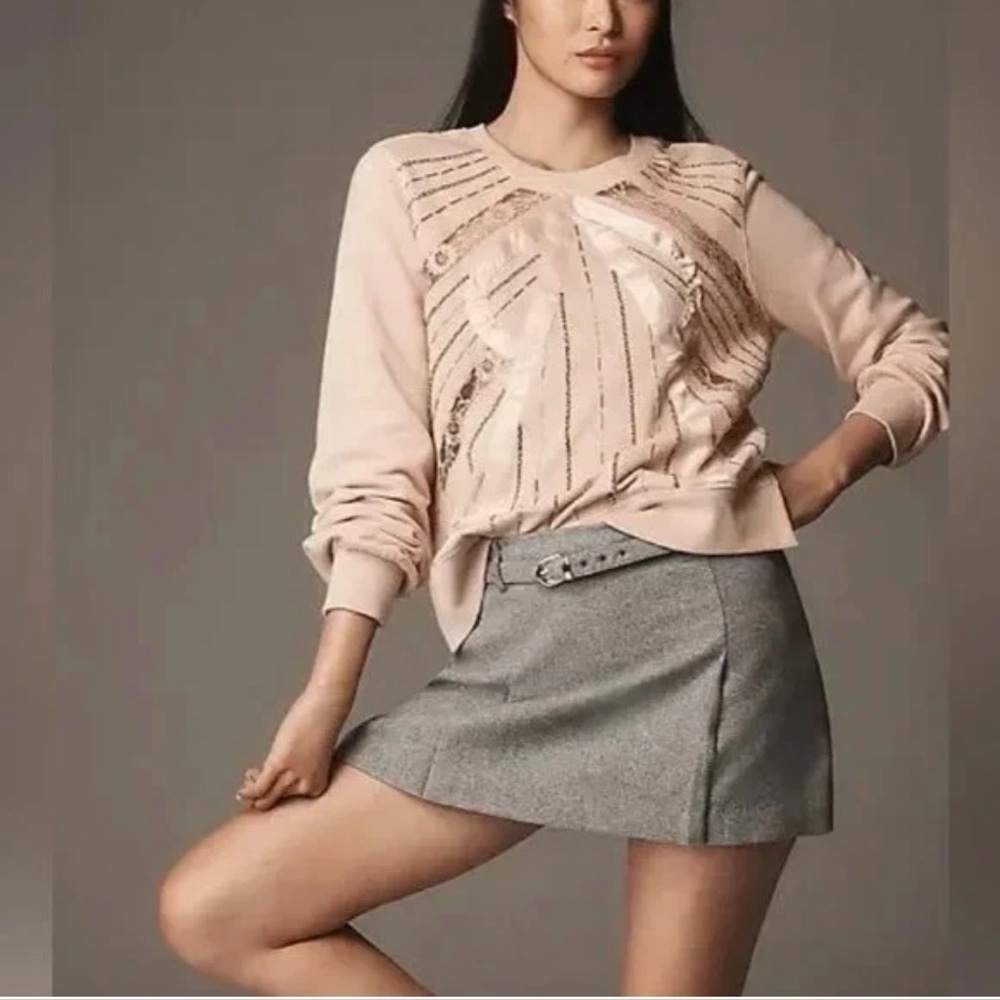 Anthropologie Pink Embellished Sweatshirt Lace Satin Beaded Detail Women’s Large